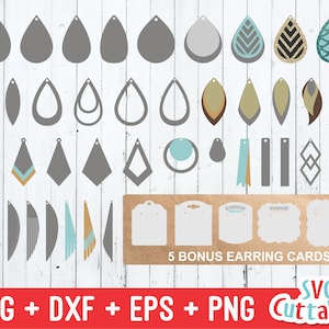 May include: A digital download of SVG, DXF, EPS, and PNG files for crafting earrings. The design includes a variety of shapes, including teardrop, geometric, and leaf shapes. The designs are in shades of gray, brown, teal, and gold. The download also includes five bonus earring cards with the text "Handmade with Love".