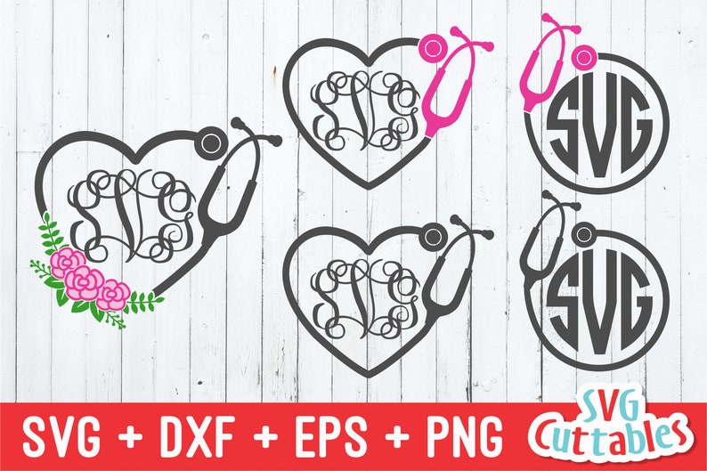 Pu&ograve; includere: Quattro diversi design di uno stetoscopio e un cuore con un monogramma al centro. I design sono in bianco e nero e includono un cerchio, un cuore e un cuore con fiori.