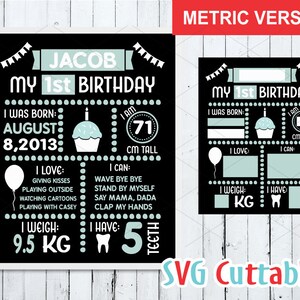 May include: Black and white printable first birthday sign with the name Jacob. The sign includes details like the date of birth, height, weight, and things the child can do.