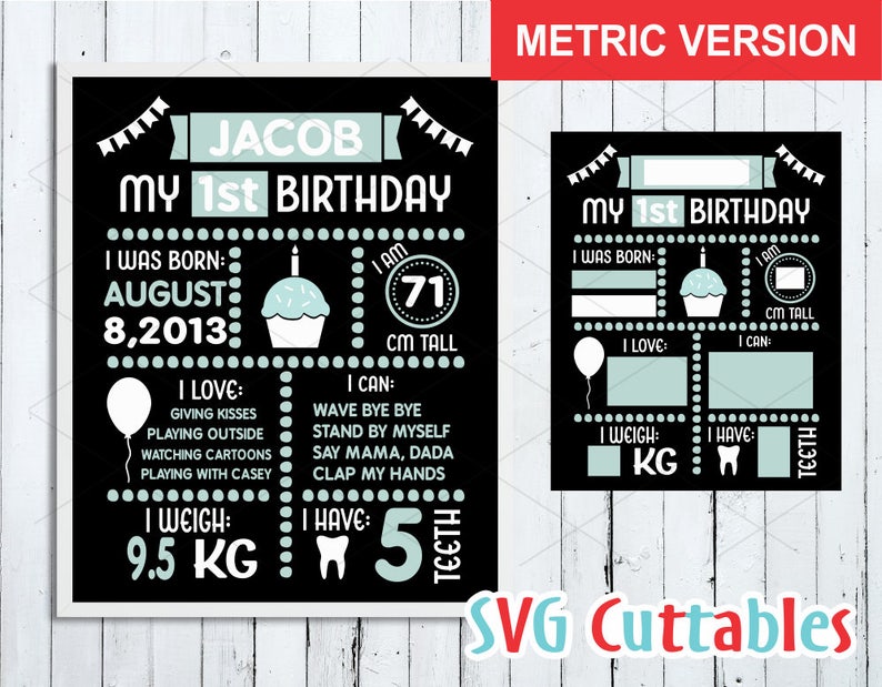 May include: Black and white printable first birthday sign with the name Jacob. The sign includes details like the date of birth, height, weight, and things the child can do.