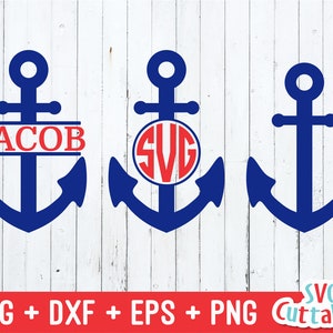 May include: Three blue anchor SVG cut files. The first anchor has the name "JACOB" in red letters. The second anchor has a red circle with the letters "SVG" in white. The third anchor is plain.