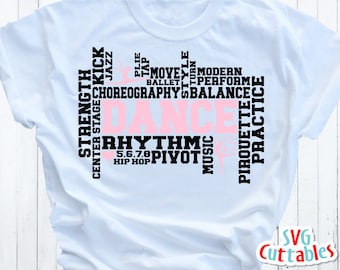May include: A white t-shirt with a black and pink design that says "Dance" with words related to dance surrounding it, such as "strength", "center stage", "kick", "jazz", "plie", "tap", "move", "ballet", "choreography", "balance", "rhythm", "5,6,7,8", "hip hop", "pivot", "music", "modern", "perform", "pirouette", and "practice".