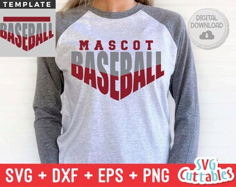 May include: A gray and red baseball design with the word "MASCOT" above it and the word "BASEBALL" below it. The design is on a gray and heather gray raglan t-shirt. The text "SVG + DXF + EPS + PNG Cuttables" is at the bottom of the image.