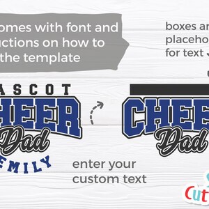 K&ouml;nnte beinhalten: Eine anpassbare SVG-Schneidedatei f&uuml;r einen Cheer-Papa in Blau und Schwarz. Der Text "MASCOT CHEER Dad" ist in Blau mit schwarzen Umrissen. Der Text "EMILY" ist in Schwarz. Der Text "CHEER Dad" ist in Blau mit schwarzen Umrissen. Der Text "SVG Cuttables" ist in Rot, Wei&szlig; und Blau.