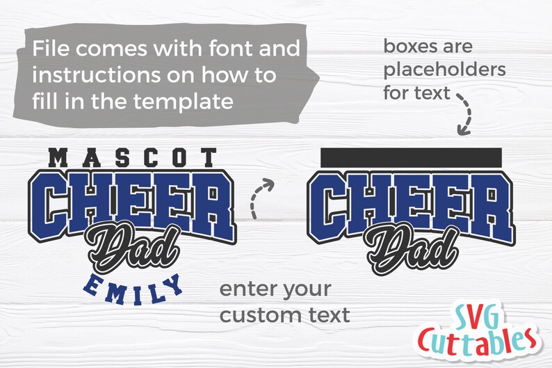 K&ouml;nnte beinhalten: Eine anpassbare SVG-Schneidedatei f&uuml;r einen Cheer-Papa in Blau und Schwarz. Der Text "MASCOT CHEER Dad" ist in Blau mit schwarzen Umrissen. Der Text "EMILY" ist in Schwarz. Der Text "CHEER Dad" ist in Blau mit schwarzen Umrissen. Der Text "SVG Cuttables" ist in Rot, Wei&szlig; und Blau.