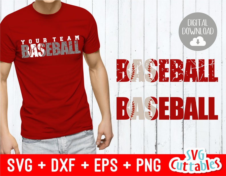 May include: Red t-shirt with the text "YOUR TEAM BASEBALL" in white and gray.  Two digital downloads of the text "BASEBALL" in red and white with a baseball graphic.