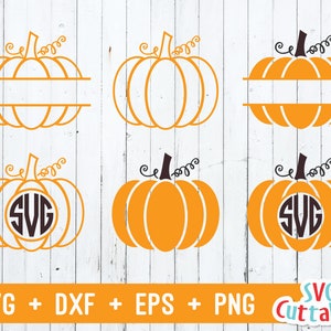 May include: Six orange pumpkin SVG cut files. Three pumpkins have a split design for adding text or a monogram. The other three pumpkins have a circle in the centre for adding a monogram. The text "SVG Cuttables" is at the bottom of the image.