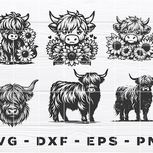 Puede incluir: Seis ilustraciones en blanco y negro de vacas Highland, algunas con girasoles. Las ilustraciones est&aacute;n en una variedad de poses, incluyendo de pie, sentadas y acostadas. Las ilustraciones son adecuadas para su uso en manualidades, scrapbooking y otros proyectos creativos.
