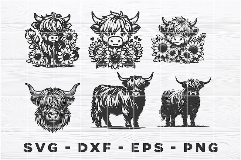 Puede incluir: Seis ilustraciones en blanco y negro de vacas Highland, algunas con girasoles. Las ilustraciones est&aacute;n en una variedad de poses, incluyendo de pie, sentadas y acostadas. Las ilustraciones son adecuadas para su uso en manualidades, scrapbooking y otros proyectos creativos.