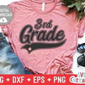 May include: A pink t-shirt with the text "3rd Grade" in black with a black baseball-style graphic with a small apple icon. The text "SVG + DXF + EPS + PNG" is at the bottom of the image.