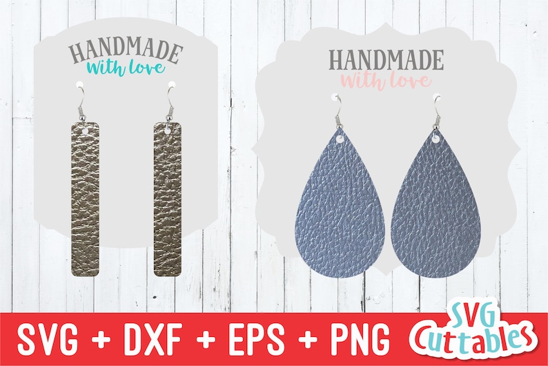 Puede incluir: Dos pares de pendientes, uno plateado y el otro azul. Los pendientes est&aacute;n en una tarjeta blanca con el texto "HANDMADE with love" en cada tarjeta. El texto "SVG + DXF + EPS + PNG Cuttables" est&aacute; en la parte inferior de la imagen.