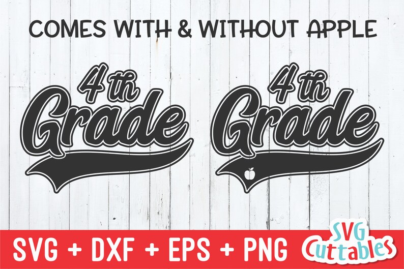 May include: Two black and white 4th Grade designs. One design includes an apple, the other does not. Both designs have a baseball-style font and a curved line underneath the text.