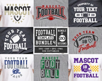 May include: A collection of t-shirts featuring football-themed designs. The shirts display text such as "Mascot Football", "Your Team Football", and "Property of Your Text Football". Designs include footballs, helmets, and team names.