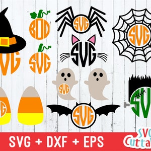 May include: A set of 10 Halloween-themed SVG cut files featuring various designs, including a witch's hat, pumpkins, a spider, a ghost, a bat, a candy corn, a Frankenstein, and a spider web. Each design includes the word "SVG" in a circle.