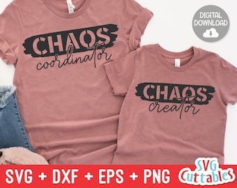May include: Two pink t-shirts with black text. The larger shirt says "CHAOS coordinator" and the smaller shirt says "CHAOS creator".