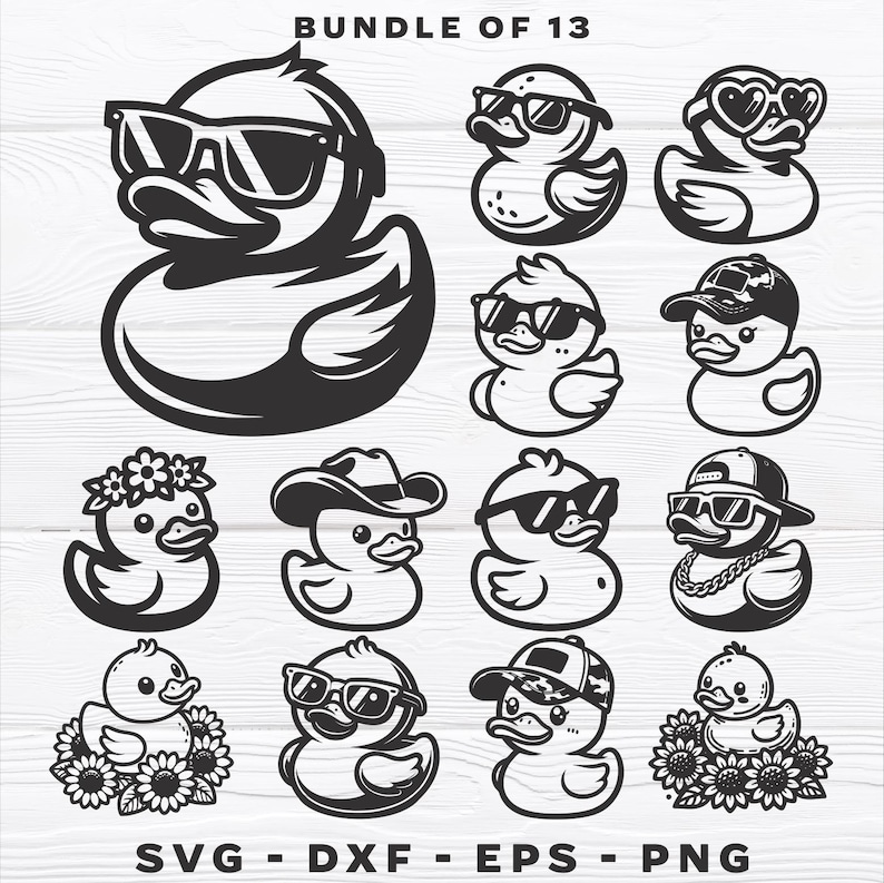 May include: A bundle of 13 black and white rubber ducky SVG cut files. The ducks are wearing various accessories, including sunglasses, hats, and flowers.  "SVG - DXF - EPS - PNG" is written at the bottom of the image.