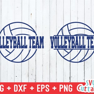 May include: A digital design featuring a volleyball with the text "Volleyball Team" written across the middle. The design is in blue and white.
