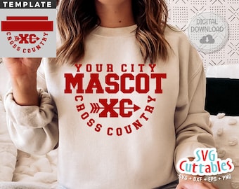 May include: Red and white graphic design for a cross country team. The design features the text "YOUR CITY MASCOT CROSS COUNTRY" with a red arrow and the letter "X" in the center.