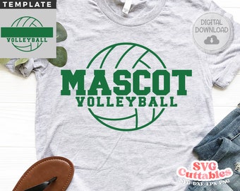 May include: Green volleyball graphic with the word "MASCOT" and the words "VOLLEYBALL" underneath on a grey t-shirt.