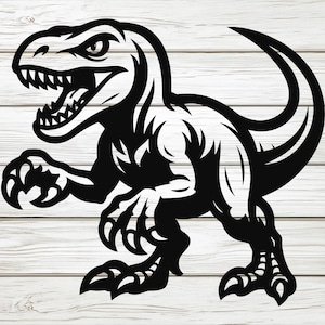 Puede incluir: Ilustración en blanco y negro de un Tyrannosaurus Rex en una pose dinámica. El dinosaurio se representa con dientes afilados, garras y una cola curvada, transmitiendo una sensación de poder y movimiento. El diseño es adecuado para diversas aplicaciones.