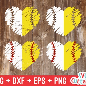May include: Four distressed yellow and white heart-shaped softball designs with red stitching. The designs are on a wood background. SVG + DXF + EPS + PNG Cuttables.