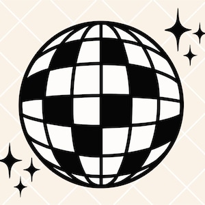 Puede incluir: Ilustraci&oacute;n en blanco y negro de una bola de discoteca con un patr&oacute;n de cuadros. La imagen incluye cuatro estrellas negras. El fondo es de color beige claro con un patr&oacute;n de diamantes.