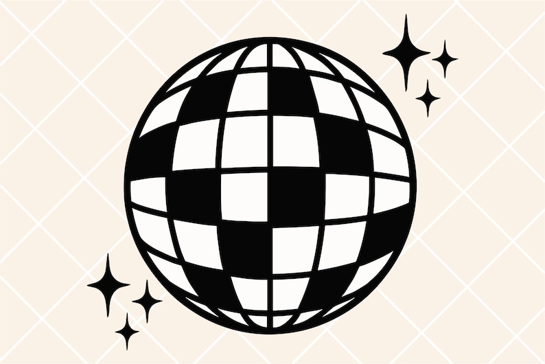 Puede incluir: Ilustraci&oacute;n en blanco y negro de una bola de discoteca con un patr&oacute;n de cuadros. La imagen incluye cuatro estrellas negras. El fondo es de color beige claro con un patr&oacute;n de diamantes.