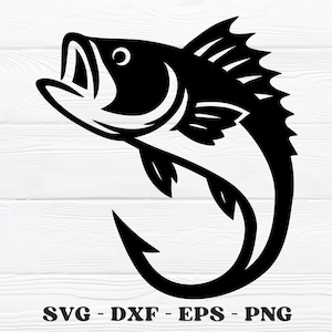 May include: A black and white graphic of a fish leaping upwards, with its mouth open and a fishing hook curving around its body. The image includes the text "SVG - DXF - EPS - PNG" at the bottom.