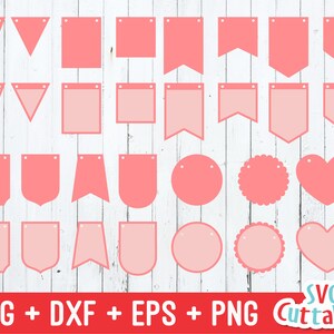 May include: A set of 20 pink SVG cut files for crafting. The files include various shapes, such as banners, circles, hearts, and squares. The files are perfect for creating personalized projects, such as party decorations, cards, and scrapbook pages.
