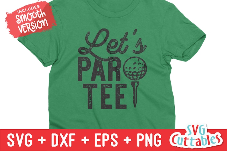 K&ouml;nnte beinhalten: Gr&uuml;nes T-Shirt mit einer schwarzen Grafik, auf der "Let's Par Tee" mit einem Golfball und einem Abschlag steht.