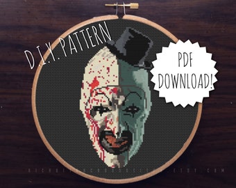 DIY Terrifying Silent Clown cross stitch PATTERN. Counted cross stitch pattern. Needlepoint pattern. Halloween cross stitch pattern.