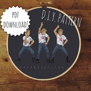 May include: A black and white cross-stitch pattern of three people dancing with the text "VOTE FOR FUN" on their shirts. The pattern is framed in a wooden hoop with the text "DIY PATTERN" above the image and "PDF DOWNLOAD!" in a starburst shape to the left of the image.
