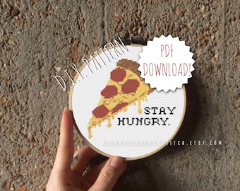 DIY-korsstygnsmönster för pizzaparty | Räknat korsstygnsmönster | X-stygnsmönster | PDF-mönster | Direkt nedladdning