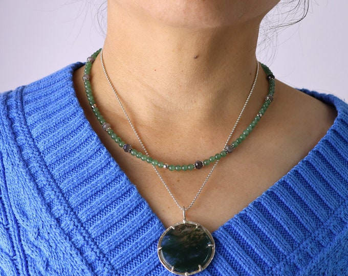 Mint Green Mini Bead Necklace, Green Aventurine, Laboridite, Sterling Silver, 16 to 18 inches Adjustable