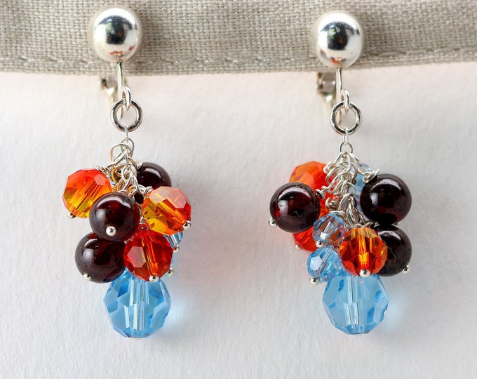 Firework Non Piercing Ear Clip, Sterling Silver, Natural Red Garnet, Lead Free Swarovski Crystal