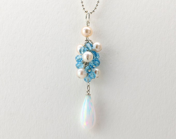 Star on Snow Necklace, Kyocera Man-made Opal, Lead Free Swarovski Crystal, Natural Fresh water Pearl, Sterling Silver