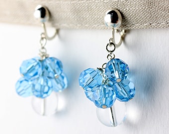 Blue Crystal Clip On Earrings: Sterling Silver, Swarovski Crystal Quartz