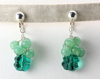 Clover Leaf No Piercing Ear Clip, Sterling Silver, Lead Free Swarovski Crystal, Natural Mint Green Aventurine