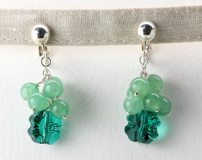 Clover Leaf No Piercing Ear Clip, Sterling Silver, Lead Free Swarovski Crystal, Natural Mint Green Aventurine