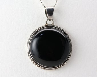 Vintage Large Statement Necklace, Black Onyx, Oxidized Patterned Sterling Silver