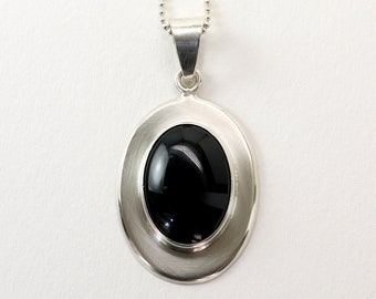 Vintage Statement Necklace, Large Round Oval Black Onyx, Sterling Silver