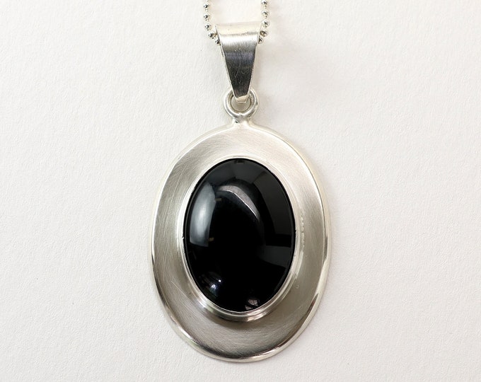 Vintage Statement Necklace, Large Round Oval Black Onyx, Sterling Silver