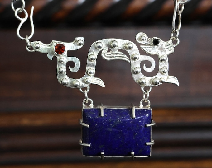 One of a Kind Dragon Pendant with Handmade Ocean Wave Chain, Lapis Lazuli, Garnet, Black Spinel, Argentium Silver