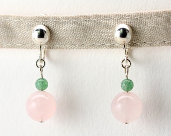 Flower Bud No Piercing Ear Clip, Sterling Silver, Rose Quartz, Aventurine
