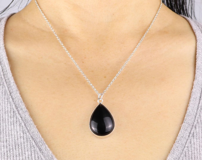 Large Size Stone Charm, Black Onyx, 940 Argentium Silver
