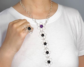 Large Cherry Blossom Necklace, Argentium Silver, Black Onyx, Amethyst