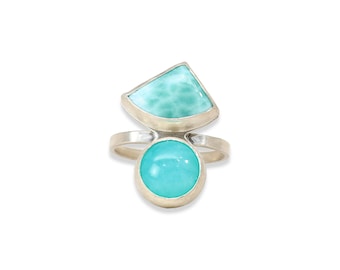 Ocean and Sky Ring, Larimar, Amazonite, Sterling Silver, One of a kind, US Ring Size 7 to 8