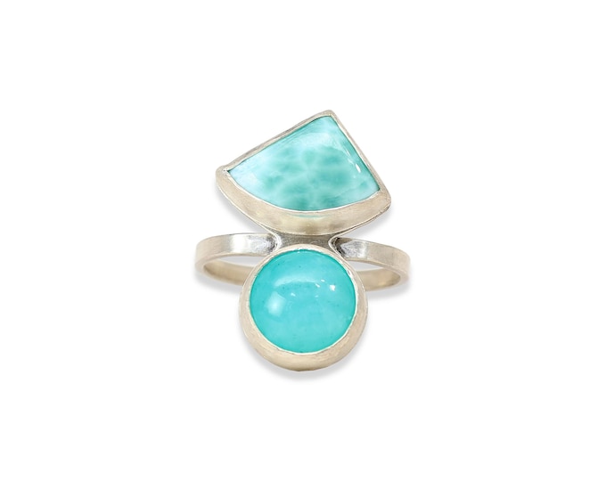 Ocean and Sky Ring, Larimar, Amazonite, Sterling Silver, One of a kind, US Ring Size 7 to 8