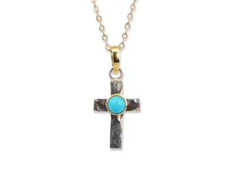 Sleeping Beauty Turquoise Cross Pendant: 14k Gold & Hammered Sterling Silver