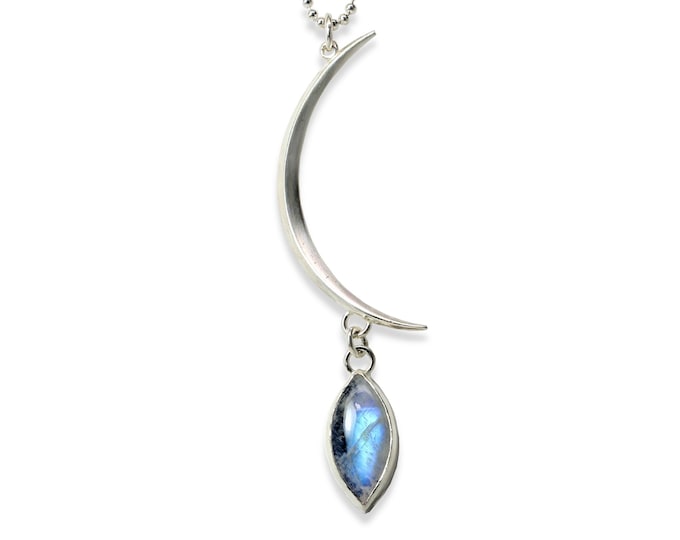 Slim Crescent Moon Necklace, Rainbow Moonstone, Sterling Silver